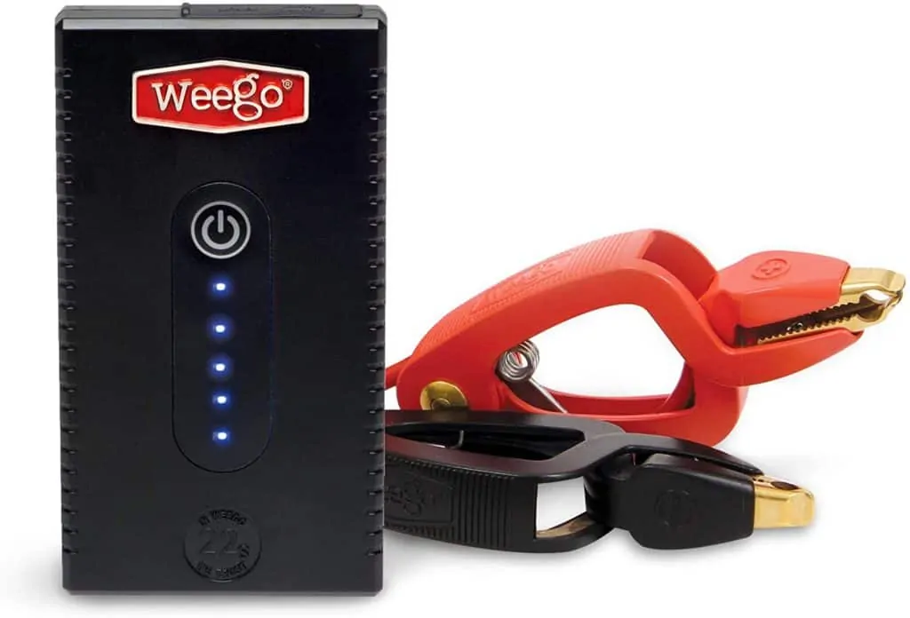 A product image for portable car jumpers, featuring the red and black clamps and a black physical interface with a power button and LED lights, along with the brand name "Weego."