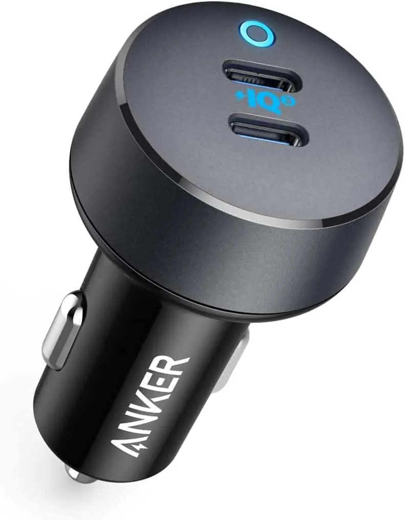 A product image for a USB C charging adapter for cars; two USB C ports can be seen with the product name "IQ 3" in between them, and a blue light above them both. 